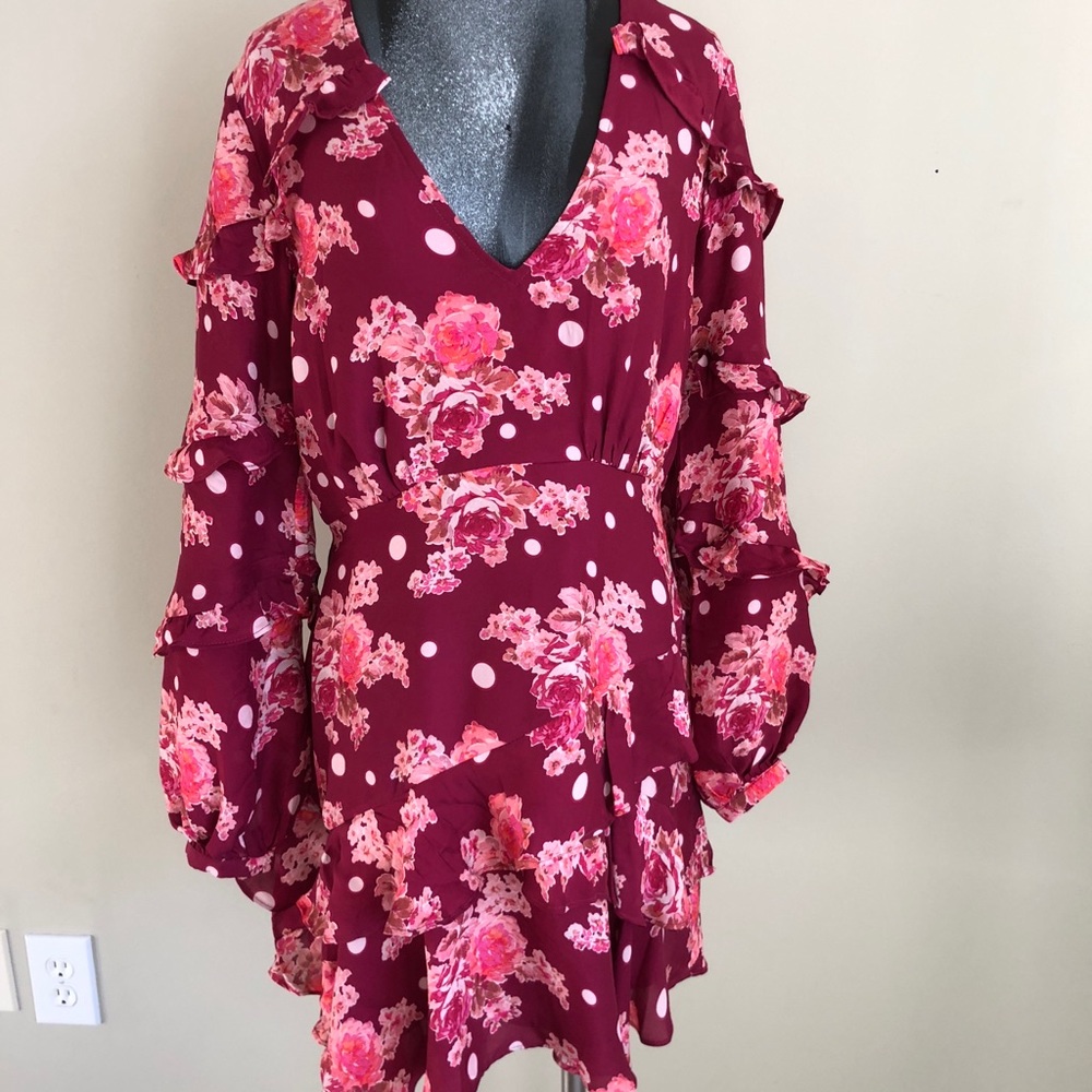 Floral Ruffle Mini Dress - Red - Picture 6 of 7